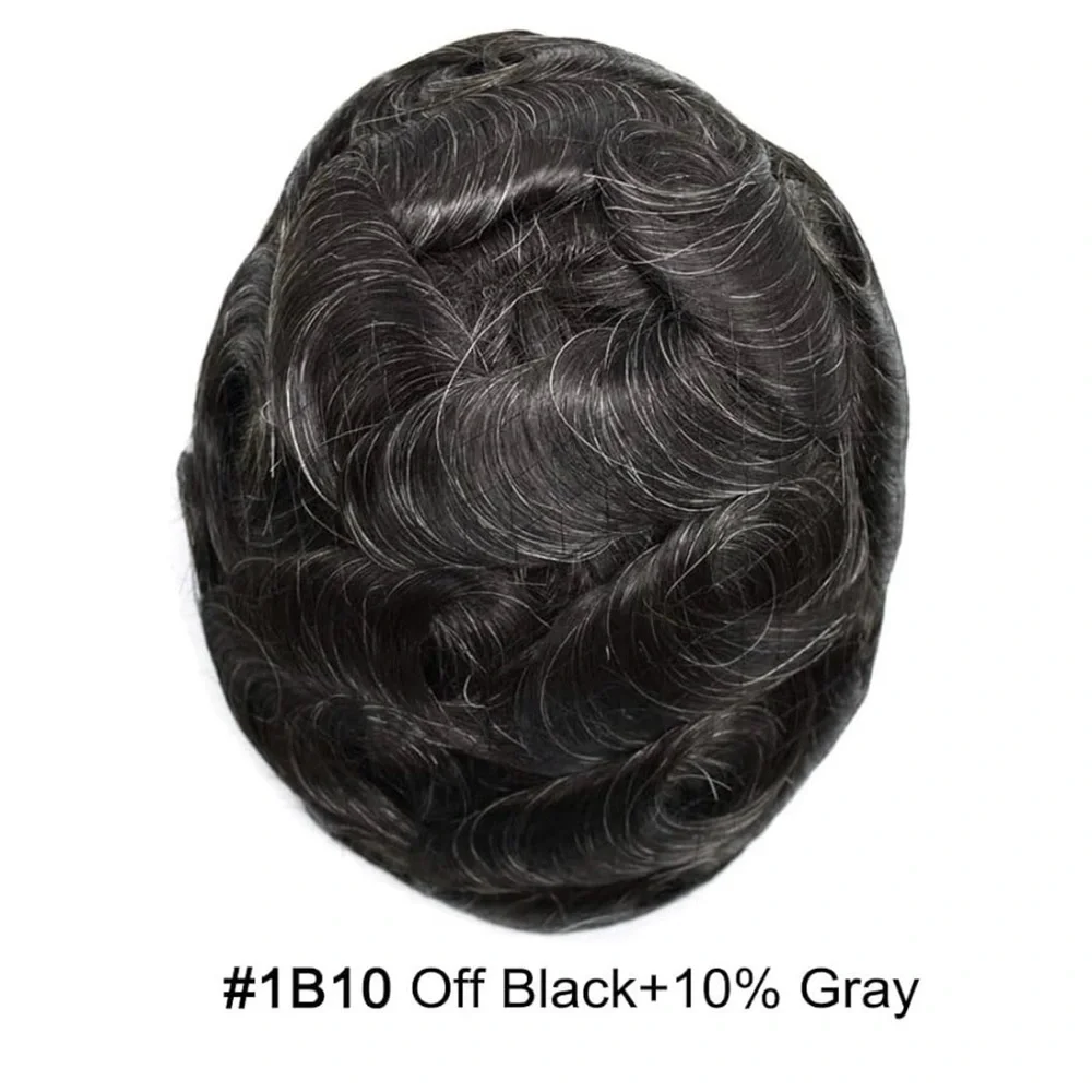 HUMAN HAIR Men’s Hairpiece Breathable Off Black 10% gray hair 100% density